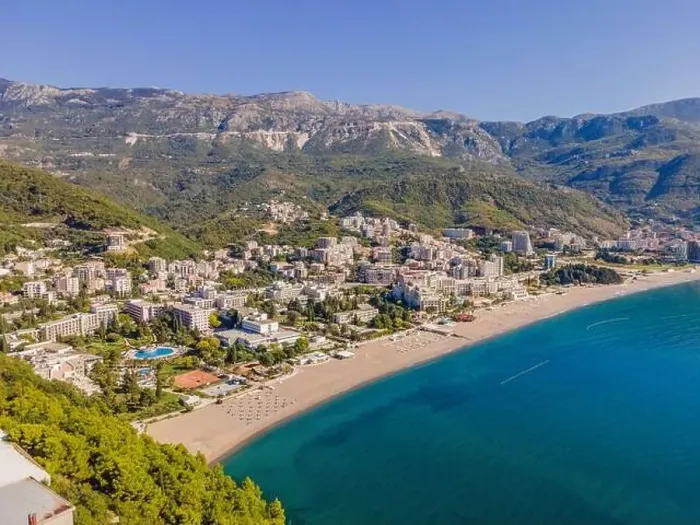 Framed Print : Aerophotography. View from flying drone. Panoramic cityscape of Budva, Montenegro. Top View. Beautiful destinations