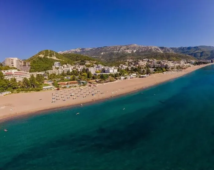 Framed Print : Aerophotography. View from flying drone. Panoramic cityscape of Budva, Montenegro. Top View. Beautiful destinations