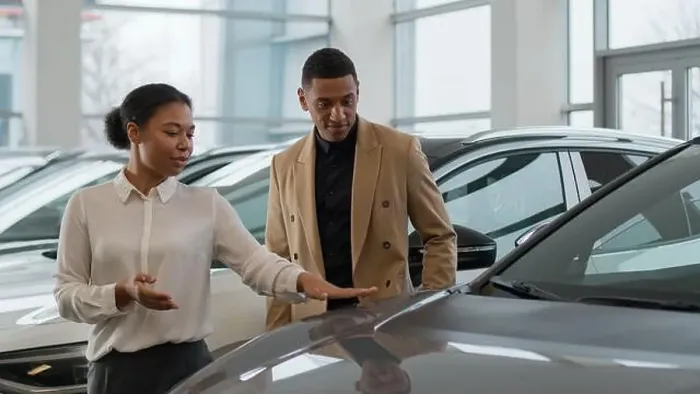 Framed Print : African American woman manager trader dealer seller female saleswoman help consult male client customer in auto salon