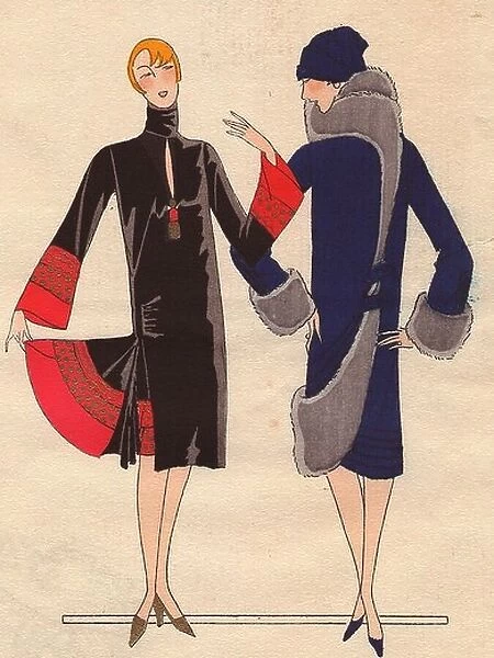 Afternoon dress with formal culottes in black and red satin embroidered with gold, and afternoon coat in blue velvet