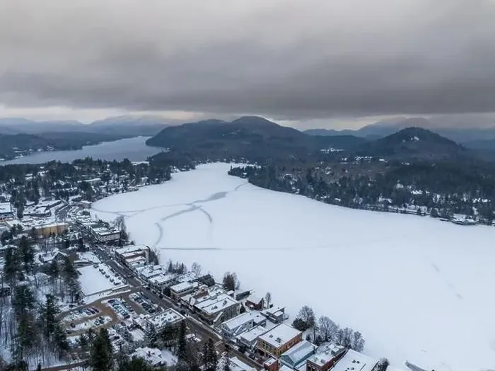 Framed Print : Afternoon winter aerial photo of Mirror Lake in the Village of Lake Placid, New York. (01-05-2024)