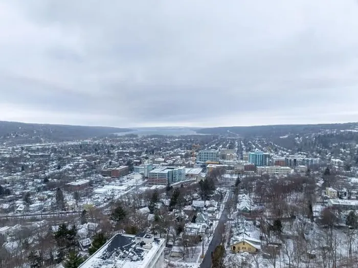 Framed Print : Afternoon winter aerial video of the area surrounding the City of Ithaca, NY, USA