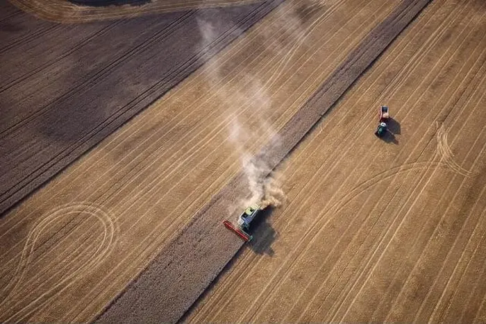 Framed Print : Agricultural machines harvest wheat in the field. Aerial shot from above. There is a lot of dust around the harvester Framed Print : Agricultural machines harvest wheat in the field. Aerial shot from above. There is a lot of dust around the harvester