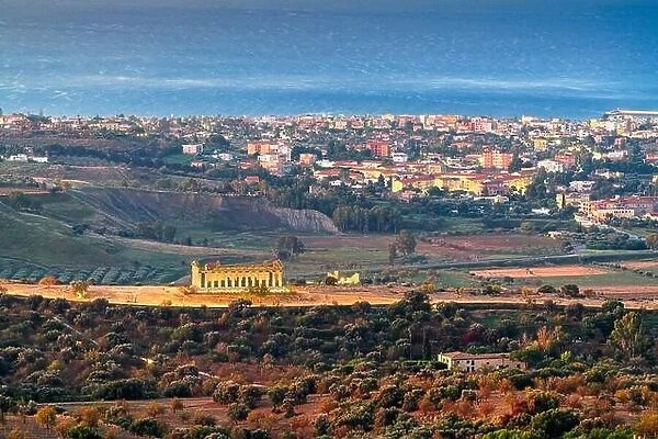 Agrigento, Sicily, Italy cityscape towards the Valley of the Temples and the Mediterranean at dawn