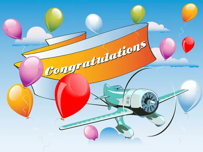 Framed Print : Aircraft with congratulations at tail and balloons in the sky Framed Print : Aircraft with congratulations at tail and balloons in the sky