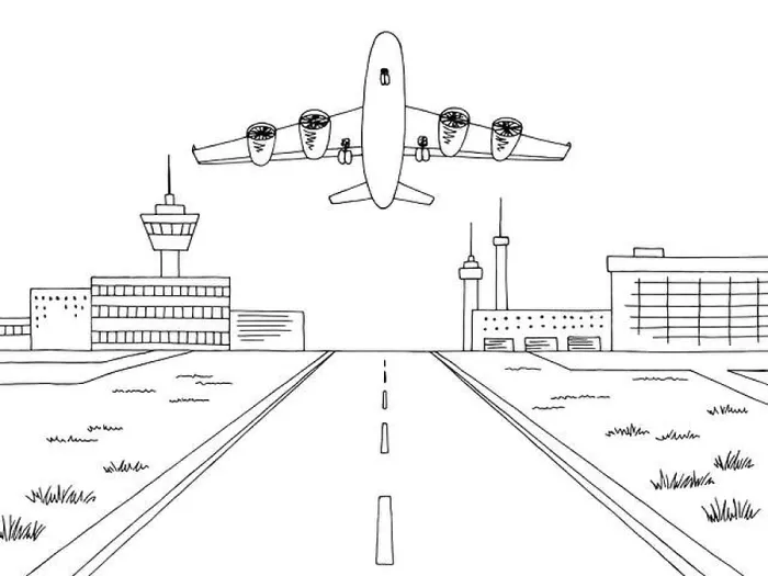 Framed Print : Airport exterior plane takes off graphic black white sketch illustration vector Framed Print : Airport exterior plane takes off graphic black white sketch illustration vector