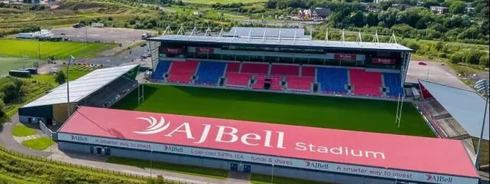 Framed Print : AJ Bell rugby Stadium on the side of a river. Aerial photo Framed Print : AJ Bell rugby Stadium on the side of a river. Aerial photo