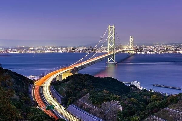 Akashi Kaikyo Bridge spanning the Seto Inland Sea from Kobe, Japan