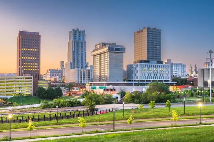 Framed Print : Akron, Ohio, USA downtown skyline at dusk