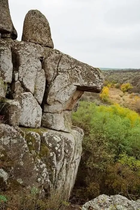 Framed Print : Aktovsky Canyon, Ukraine. Autumn trees and large stone boulders around Framed Print : Aktovsky Canyon, Ukraine. Autumn trees and large stone boulders around