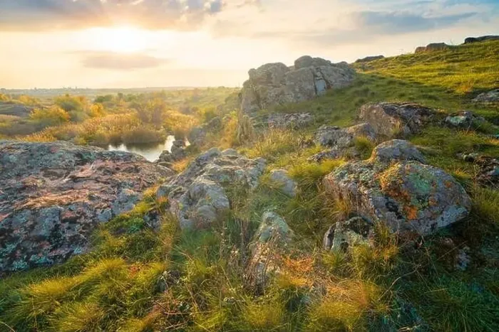 Framed Print : Aktovsky Canyon, Ukraine. Autumn trees and large stone boulders around Framed Print : Aktovsky Canyon, Ukraine. Autumn trees and large stone boulders around