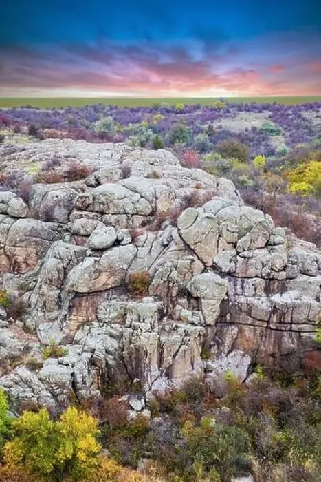 Framed Print : Aktovsky Canyon, Ukraine. Autumn trees and large stone boulders around Framed Print : Aktovsky Canyon, Ukraine. Autumn trees and large stone boulders around