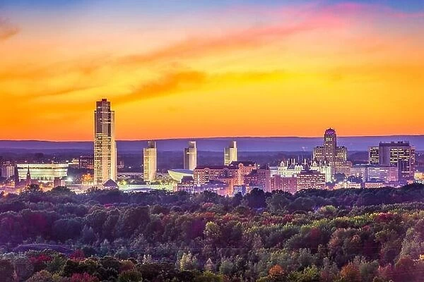 Albany, New York, USA city skyline at dusk