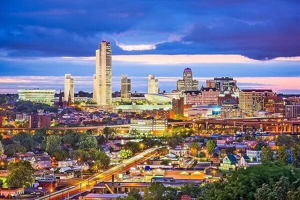 Albany, New York, USA city skyline at twilight