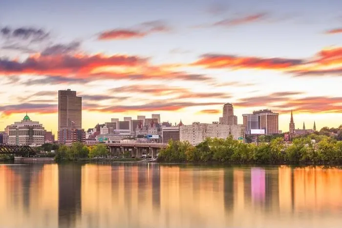 Framed Print : Albany, New York, USA skyline on the Hudson River at sunset Framed Print : Albany, New York, USA skyline on the Hudson River at sunset