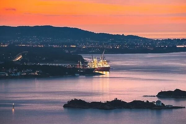 Alesund, Norway. Night View Of Moored Ship In Alesund Island. Summer Morning