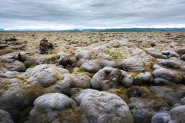 Alien Iceland landscape with lava field covered with brown moss Eldhraun from volcano eruption and cloudy sky