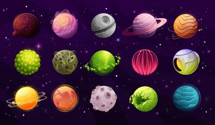 Framed Print : Alien planets, galaxy fantasy worlds cartoon icons