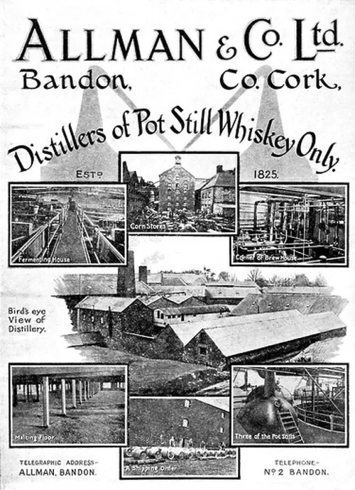 Framed Print : Allman Whiskey 1919 advert for the Distillers of Pot Still Whiskey Only from Bandon in County Cork with views of Framed Print : Allman Whiskey 1919 advert for the Distillers of Pot Still Whiskey Only from Bandon in County Cork with views of
