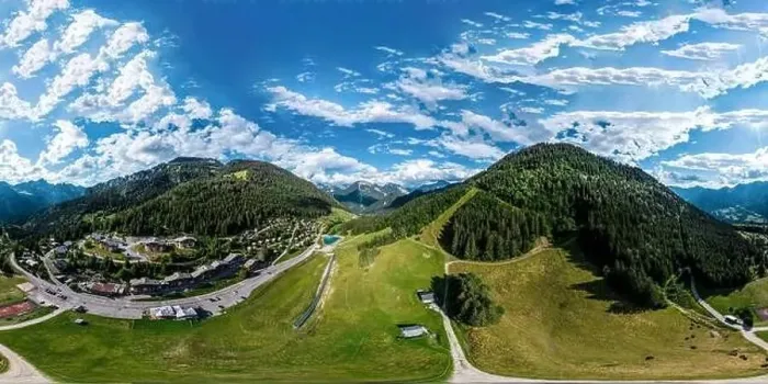 Framed Print : Alpine 360-degree panoramic view from drone, summer day