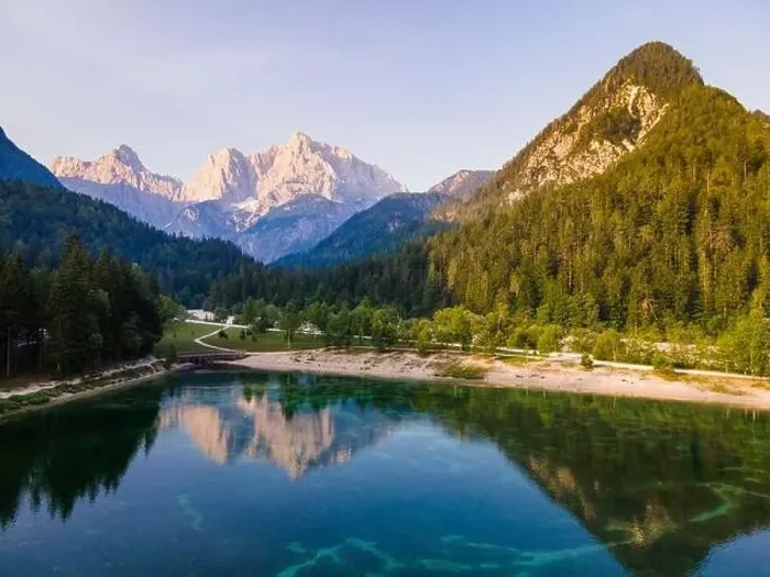 Framed Print : Alpine lake Jasna in Slovenia. Drone View at Sunrise Framed Print : Alpine lake Jasna in Slovenia. Drone View at Sunrise