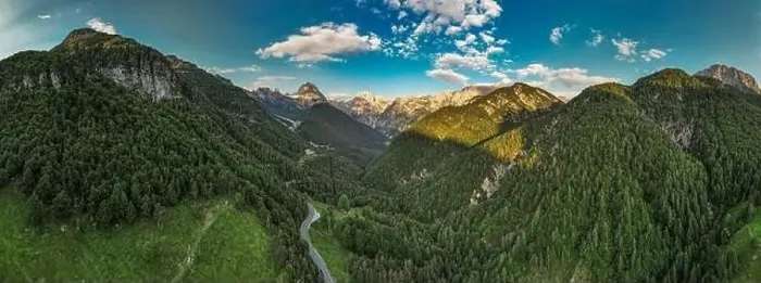 Framed Print : Alpine landscape with green forest in Predil Pass, Italy and Slovenia. Aerial drone view Framed Print : Alpine landscape with green forest in Predil Pass, Italy and Slovenia. Aerial drone view