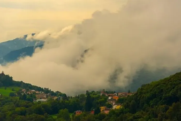 Framed Print : Alpine Village Novaggio in the Clouds with Mountain View in Ticino, Switzerland Framed Print : Alpine Village Novaggio in the Clouds with Mountain View in Ticino, Switzerland
