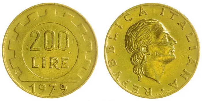 Framed Print : Aluminum-Bronze 200 lire 1979 coin isolated on white background, Italy