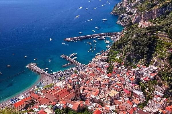 Amalfi, Italy. Aerial cityscape image of famous city Amalfi located on Amalfi Coast, Italy at sunny summer day
