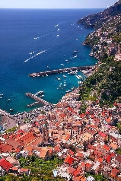 Amalfi, Italy.Aerial cityscape image of famous city Amalfi located on Amalfi Coast, Italy at sunny summer day