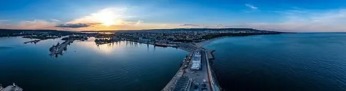 Framed Print : Amazing aerial panorama from city port and Varna city at sunset, Bulgaria Framed Print : Amazing aerial panorama from city port and Varna city at sunset, Bulgaria