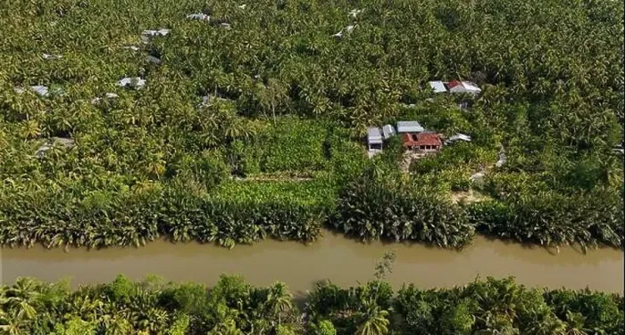 Framed Print : Amazing aerial view from drone of Mekong Delta countryside Framed Print : Amazing aerial view from drone of Mekong Delta countryside
