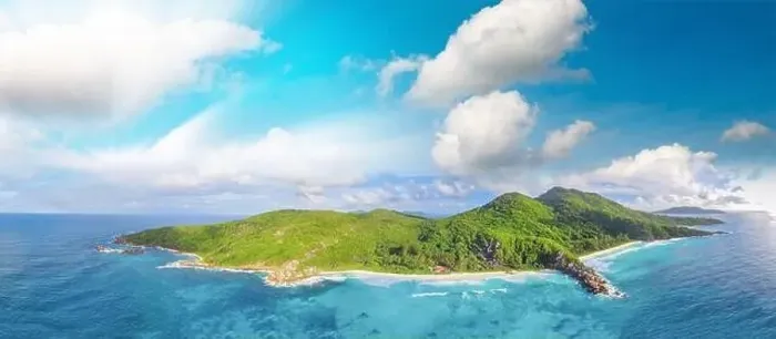 Framed Print : Amazing aerial view of Grand Anse in La Digue Island, Seychelles. Ocean and forest Framed Print : Amazing aerial view of Grand Anse in La Digue Island, Seychelles. Ocean and forest