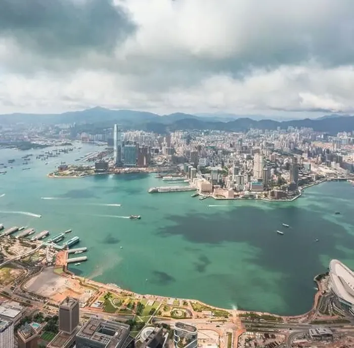 Framed Print : Amazing aerial view of the Victoria Harbour of Hong Kong, Clear sunny day, drone shot panorama Framed Print : Amazing aerial view of the Victoria Harbour of Hong Kong, Clear sunny day, drone shot panorama