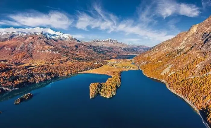 Framed Print : Amazing afternoon view from flying drone of Sils lake Framed Print : Amazing afternoon view from flying drone of Sils lake