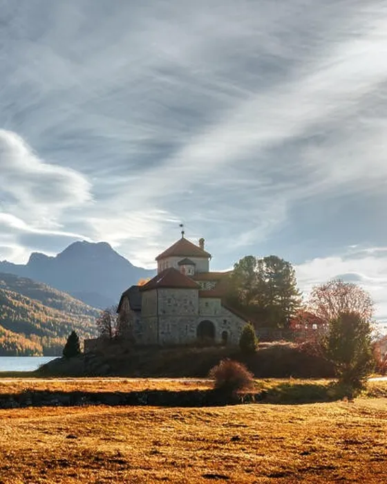 Framed Print : Amazing autumn sunny day at Champferersee lake in the Swiss Alps. Castle of Crap da Sass, Silvaplana village, Switzerland, Europe Framed Print : Amazing autumn sunny day at Champferersee lake in the Swiss Alps. Castle of Crap da Sass, Silvaplana village, Switzerland, Europe