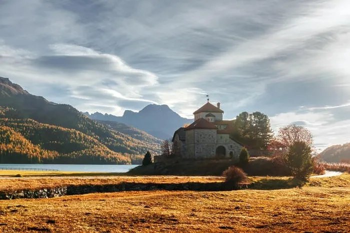 Framed Print : Amazing autumn sunny day at Champferersee lake in the Swiss Alps. Castle of Crap da Sass, Silvaplana village, Switzerland, Europe Framed Print : Amazing autumn sunny day at Champferersee lake in the Swiss Alps. Castle of Crap da Sass, Silvaplana village, Switzerland, Europe
