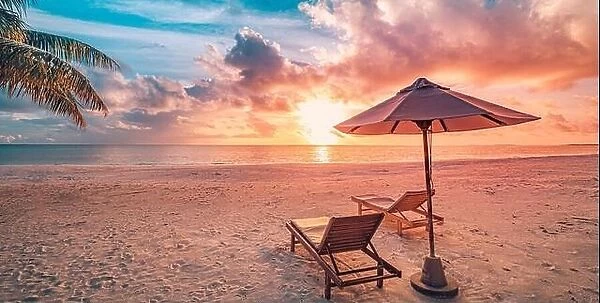 Amazing beach. Chairs on the sandy beach sea. Luxury summer holiday and vacation resort hotel for tourism. Inspirational tropical landscape. Tranquil