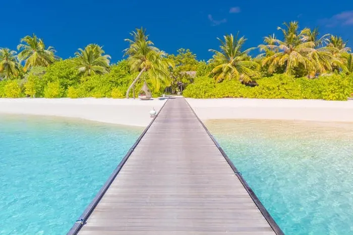 Framed Print : Amazing beach landscape, long jetty into the palm trees. Maldives, paradise beach background, design banner. Luxury vacation and holiday concept Framed Print : Amazing beach landscape, long jetty into the palm trees. Maldives, paradise beach background, design banner. Luxury vacation and holiday concept