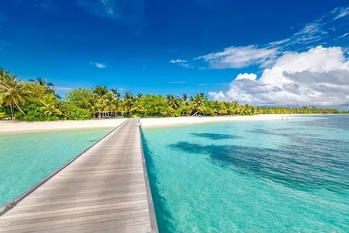 Framed Print : Amazing beach scene, long jetty into the palm trees. Maldives, paradise beach background, design banner. Blue sky and clouds view with calm sea beach Framed Print : Amazing beach scene, long jetty into the palm trees. Maldives, paradise beach background, design banner. Blue sky and clouds view with calm sea beach