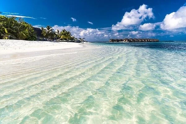 Amazing blue lagoon, and white sandy beach in Maldives