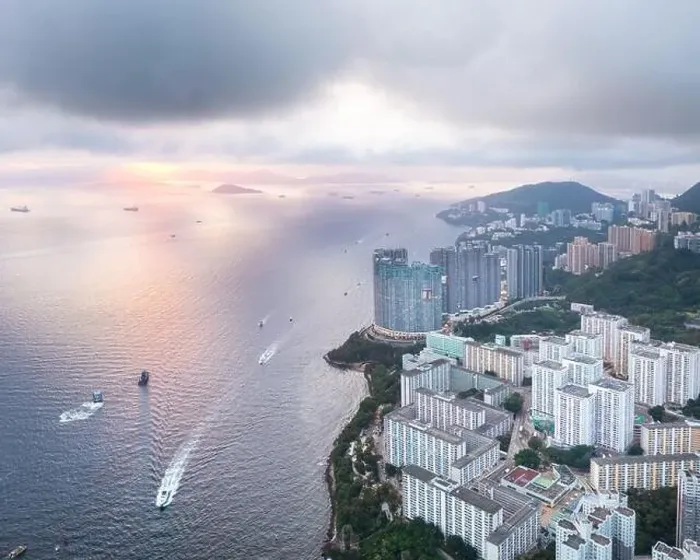 Framed Print : amazing drone shot of sunset in Aberdeen, Hong Kong. Famous tourist location and combining old and residential area Framed Print : amazing drone shot of sunset in Aberdeen, Hong Kong. Famous tourist location and combining old and residential area
