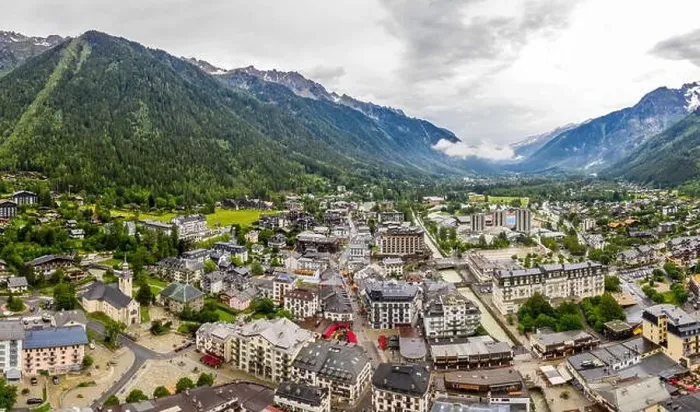 Framed Print : Amazing drone view of town and village in Chamonix valley Framed Print : Amazing drone view of town and village in Chamonix valley