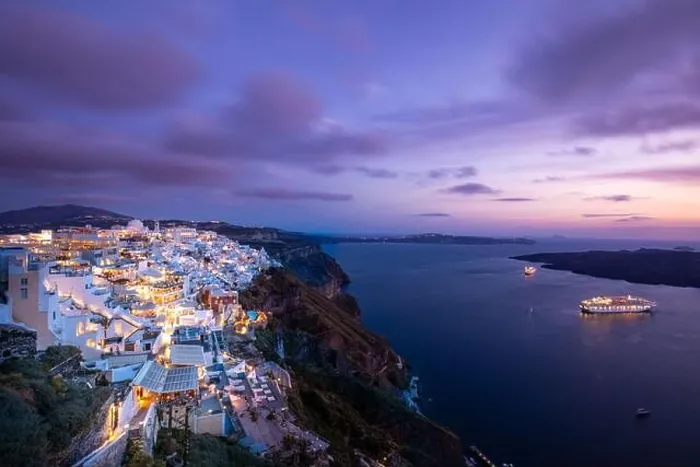 Framed Print : Amazing evening view of Santorini island. Picturesque spring sunset famous Greek resort Fira, Greece, Europe. Traveling concept background. Art summer Framed Print : Amazing evening view of Santorini island. Picturesque spring sunset famous Greek resort Fira, Greece, Europe. Traveling concept background. Art summer
