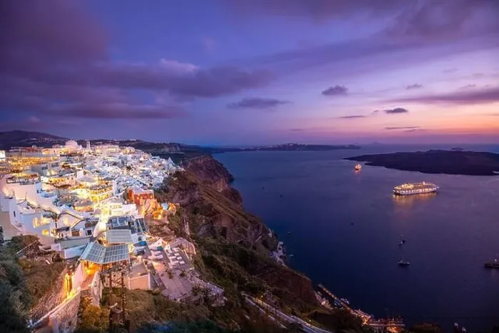 Framed Print : Amazing evening view of Santorini island. Picturesque spring sunset famous Greek resort Fira, Greece, Europe. Traveling concept background. Art summer Framed Print : Amazing evening view of Santorini island. Picturesque spring sunset famous Greek resort Fira, Greece, Europe. Traveling concept background. Art summer