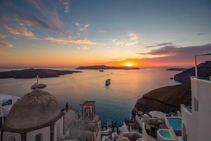 Framed Print : Amazing evening view of Santorini island. Picturesque spring sunset on the famous Greek resort Fira, Greece, Europe. Traveling concept background. Art Framed Print : Amazing evening view of Santorini island. Picturesque spring sunset on the famous Greek resort Fira, Greece, Europe. Traveling concept background. Art