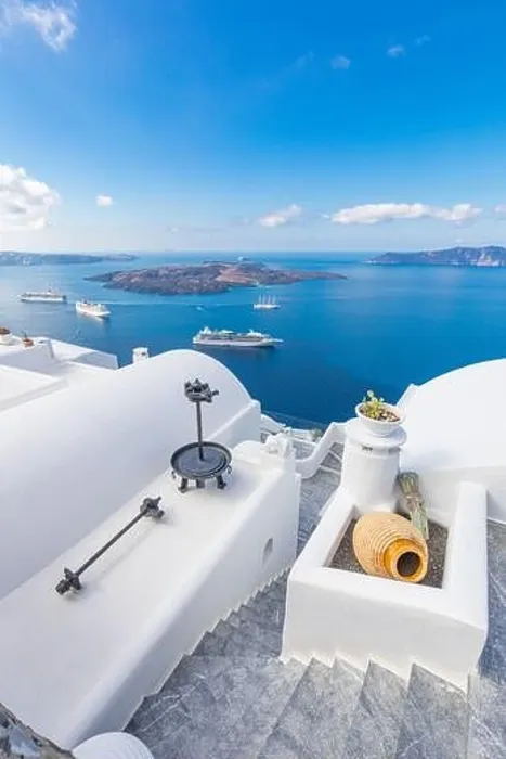 Framed Print : Amazing landscape of Fira, white architecture caldera view Santorini, Greece, cruise ships. Blue sky, wonderful summer mood, sunny vacation, holiday Framed Print : Amazing landscape of Fira, white architecture caldera view Santorini, Greece, cruise ships. Blue sky, wonderful summer mood, sunny vacation, holiday