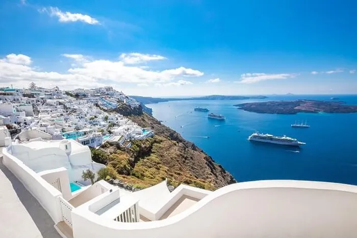 Framed Print : Amazing landscape of Fira, white architecture caldera view Santorini, Greece, cruise ships. Blue sky, wonderful summer mood, sunny vacation, holiday Framed Print : Amazing landscape of Fira, white architecture caldera view Santorini, Greece, cruise ships. Blue sky, wonderful summer mood, sunny vacation, holiday