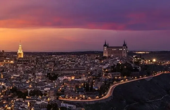 Framed Print : From above amazing landscape of illuminated old town in colorful sundown in twilight in Toledo Framed Print : From above amazing landscape of illuminated old town in colorful sundown in twilight in Toledo