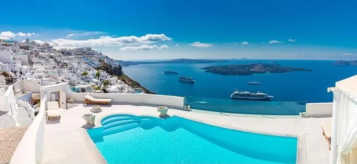 Framed Print : Amazing landscape, infinity pool caldera view Santorini, Greece with cruise ships. Blue sky wonderful summer scenery travel vacation, holiday. Inspire Framed Print : Amazing landscape, infinity pool caldera view Santorini, Greece with cruise ships. Blue sky wonderful summer scenery travel vacation, holiday. Inspire